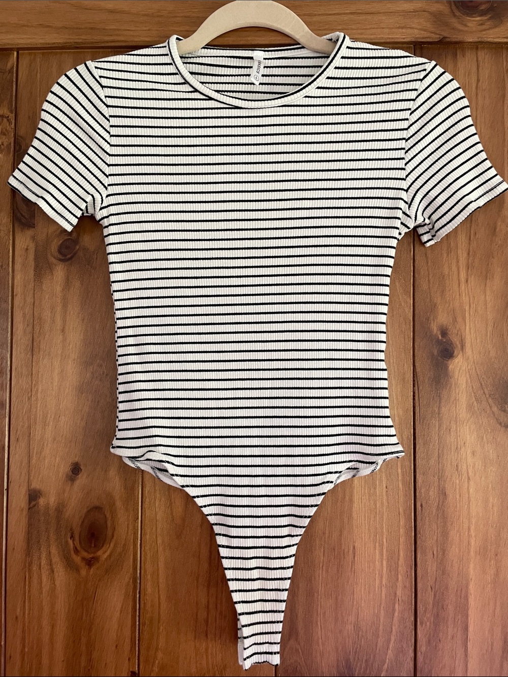 Lulu's Black & White Striped Ribbed Short-Sleeve Bodysuit